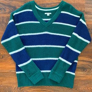 American Eagle navy blue+green stripped sweater; size medium